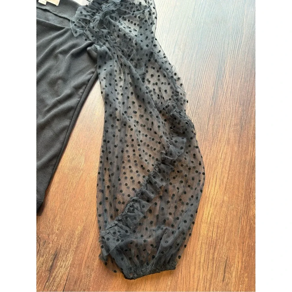 Loft Black Mesh Balloon Sleeve Coquette‎ Noir Dark Academia Swiss Dot Ruffle